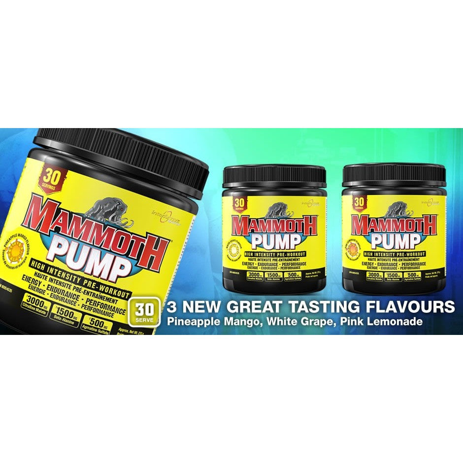 Mammoth Pump Pre-Workout (30 servings) Pre-workout Blue Raspberry,Pineapple Mango,White Grape,Pink Lemonade,Watermelon,Fruit Punch,Clear Raspberry,Root Beer Float,Natural Sour Lemonade,Pineapple Coconut,Black Cherry,Swedish Very Berry Mammoth